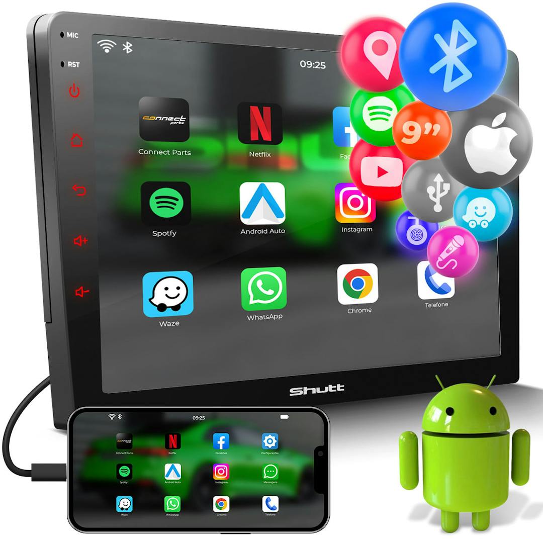 Central Multimídia Android Shutt Broadway 9 Pol 2Din Full Touch Screen GPS BT Espelhamento Wi-fi